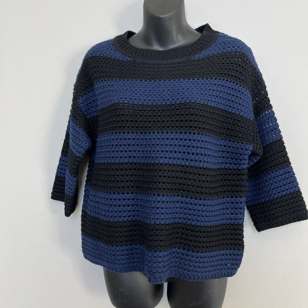 Brooks Brothers Sweater Womens Small Wool Blue Black Stripe open weave